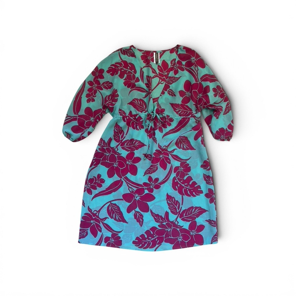 Tommy Bahama Floral Dress Small Blue Pink Tropical V-Neck Tie Waist